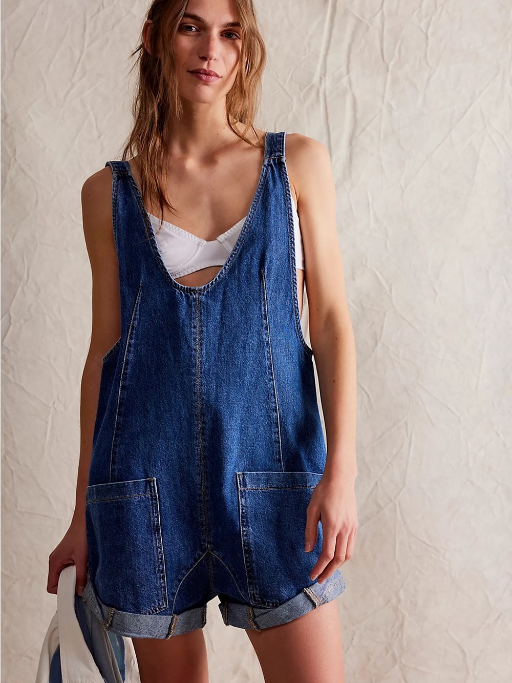 Free People We The Free High Roller Shortall Overall Jean Shorts Blue